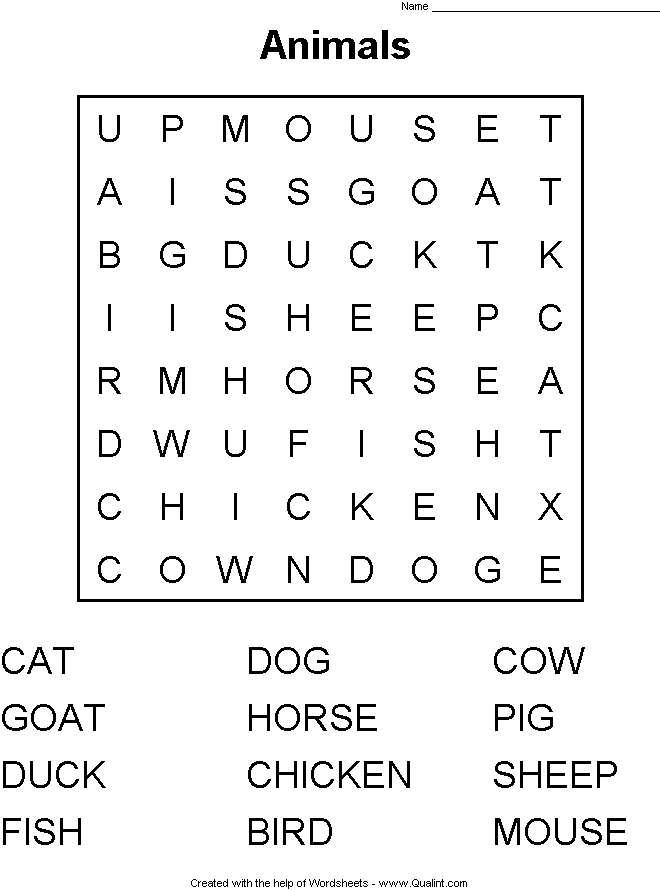 wordsearch young Animals animal  worksheet